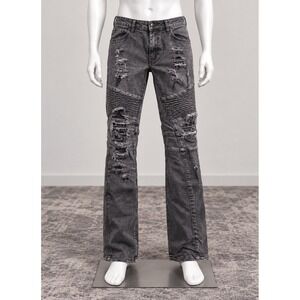 Forever 21 Biker Jeans Mens 33 Black Distressed Moto Ripped Slim Fit Denim